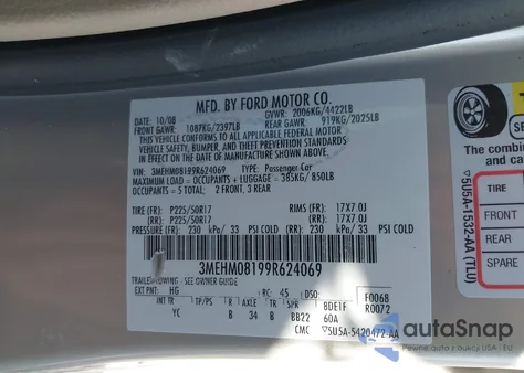 2009 Mercury Milan V6 Premier from USA, damaged, VIN 3MEHM08199R624069